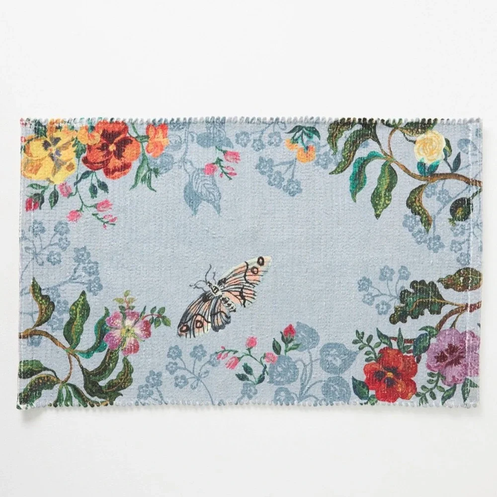 Anthropologie Nathalie Lete Bath Mat Marais Butterfly Blue Floral Bathroom Rug